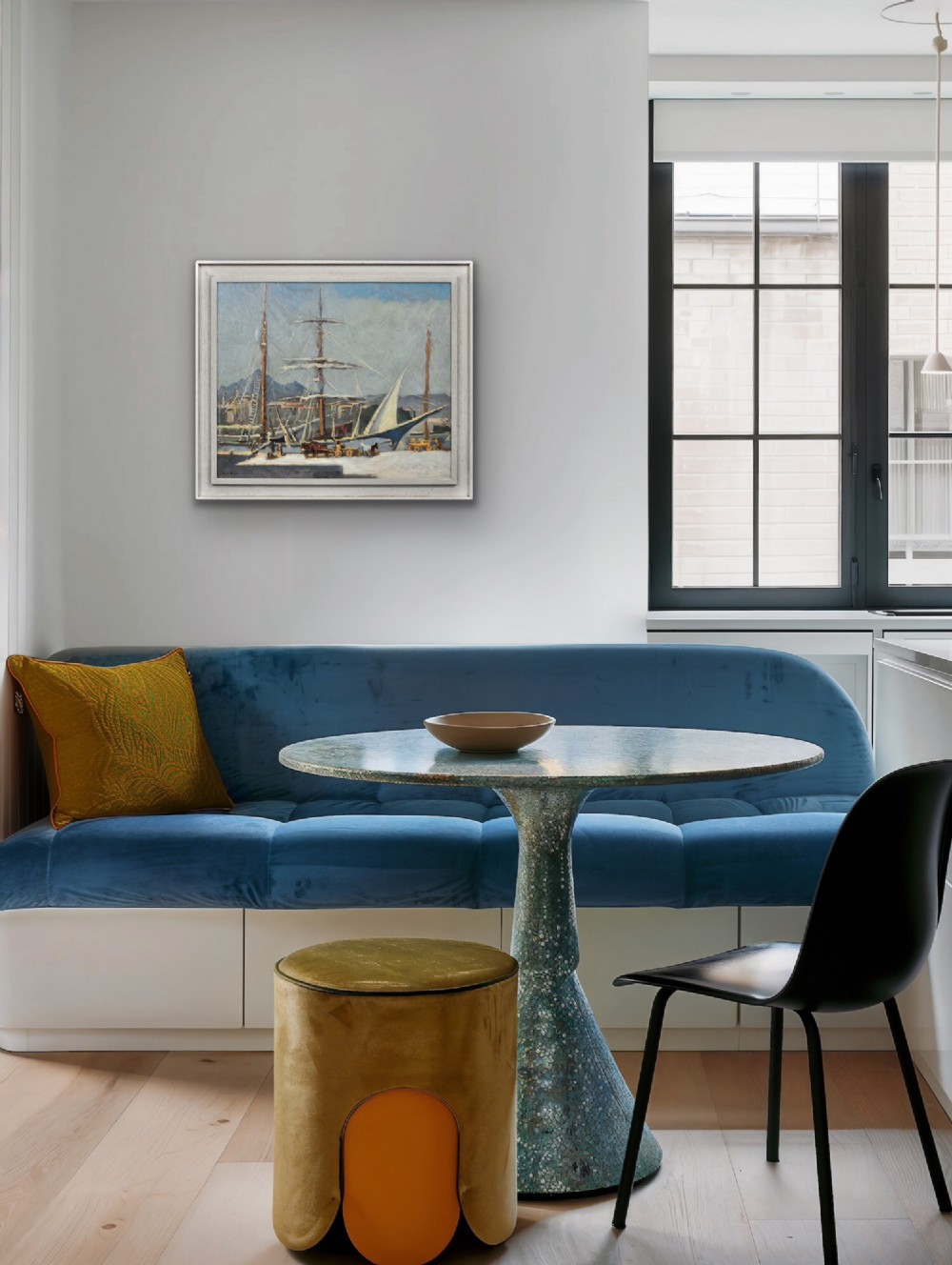 A framed 1930s oil painting depicting masted ships and horse-drawn carts along a harbour dock under a grey sky. View XIV