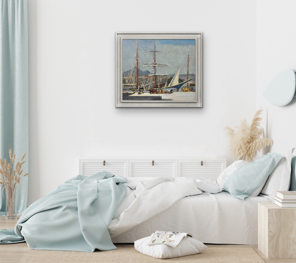 A framed 1930s oil painting depicting masted ships and horse-drawn carts along a harbour dock under a grey sky. View XV