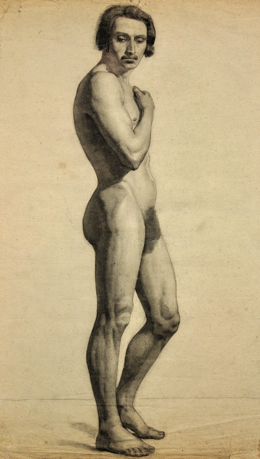 A framed mid-nineteenth-century charcoal drawing on paper depicting a standing male nude figure in profile. View II
