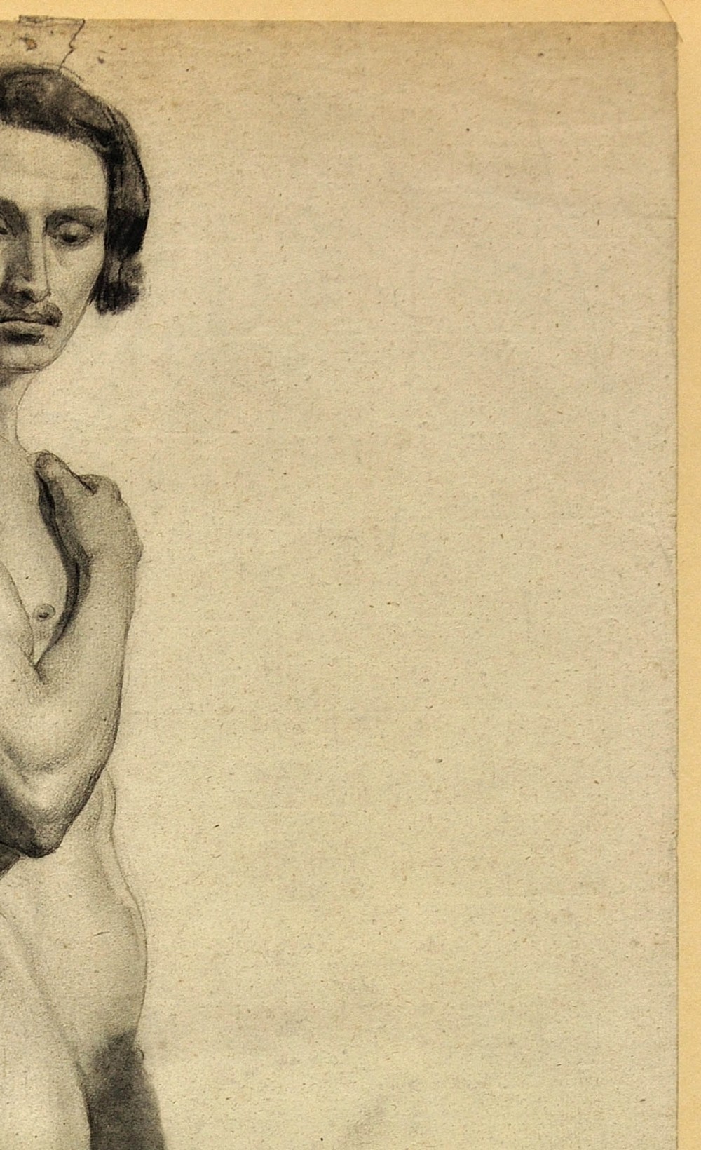A framed mid-nineteenth-century charcoal drawing on paper depicting a standing male nude figure in profile. View VI