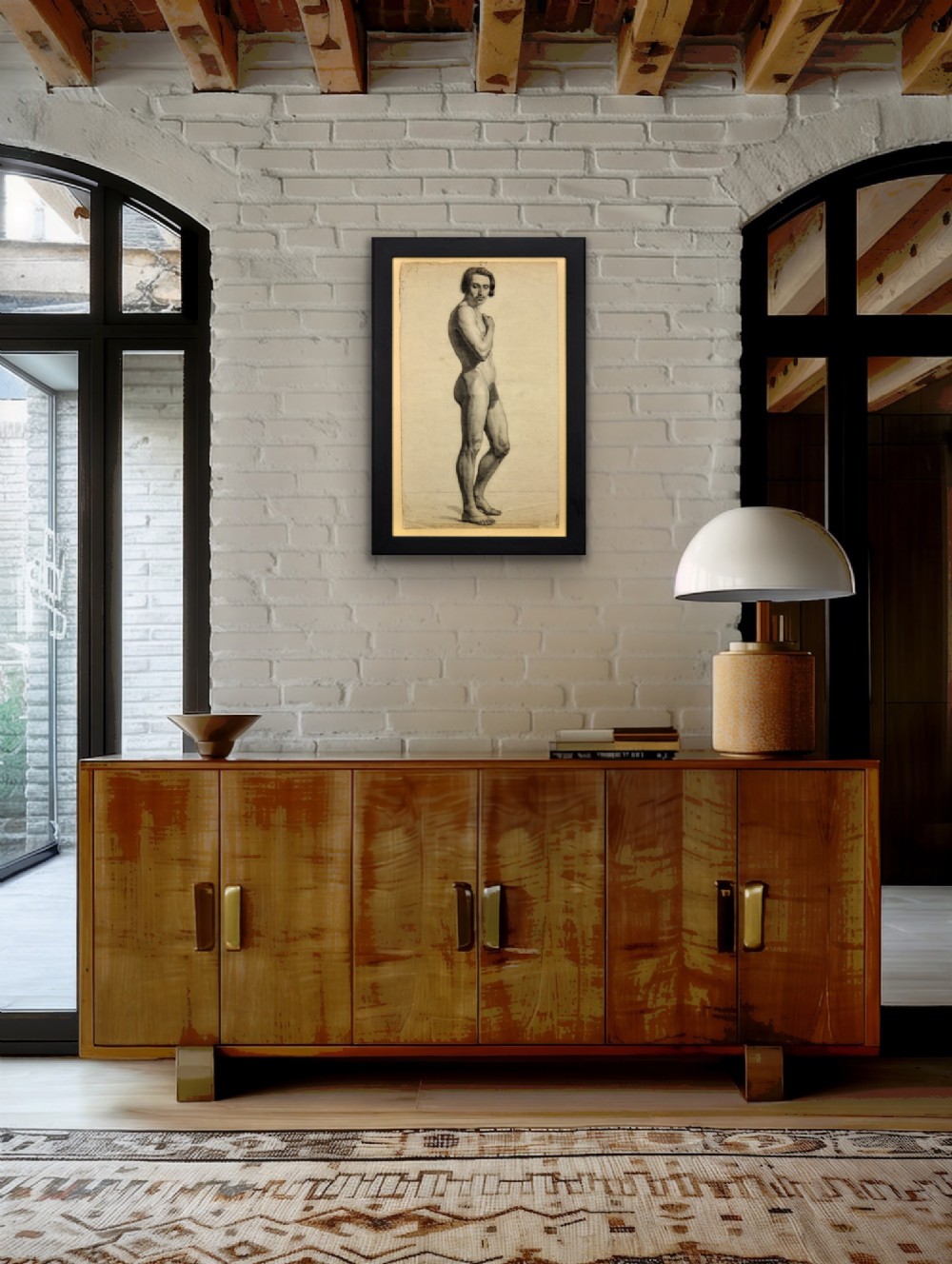 A framed mid-nineteenth-century charcoal drawing on paper depicting a standing male nude figure in profile. View IX