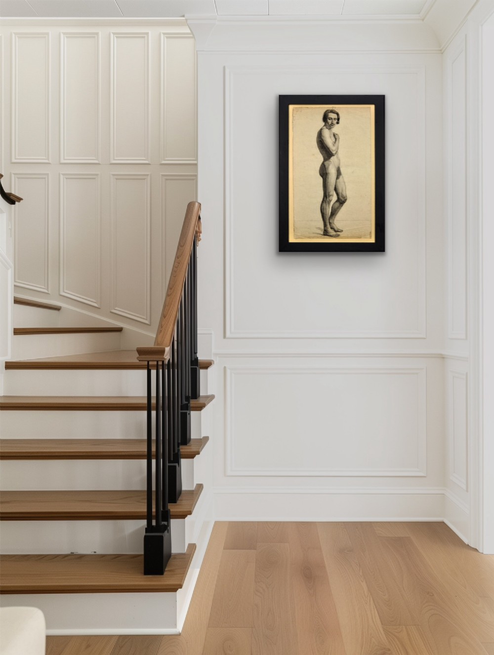 A framed mid-nineteenth-century charcoal drawing on paper depicting a standing male nude figure in profile. View X