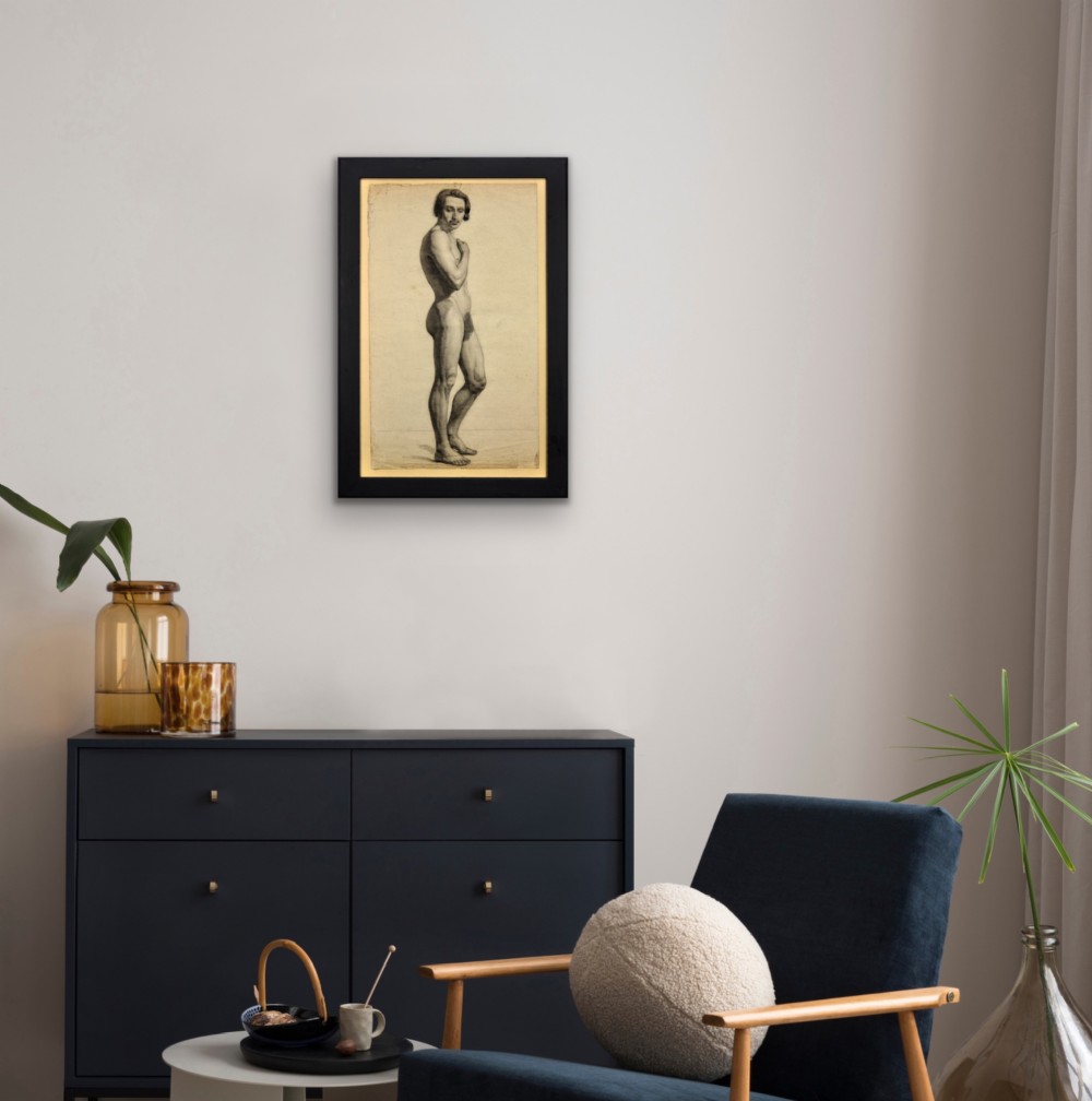 A framed mid-nineteenth-century charcoal drawing on paper depicting a standing male nude figure in profile. View XI