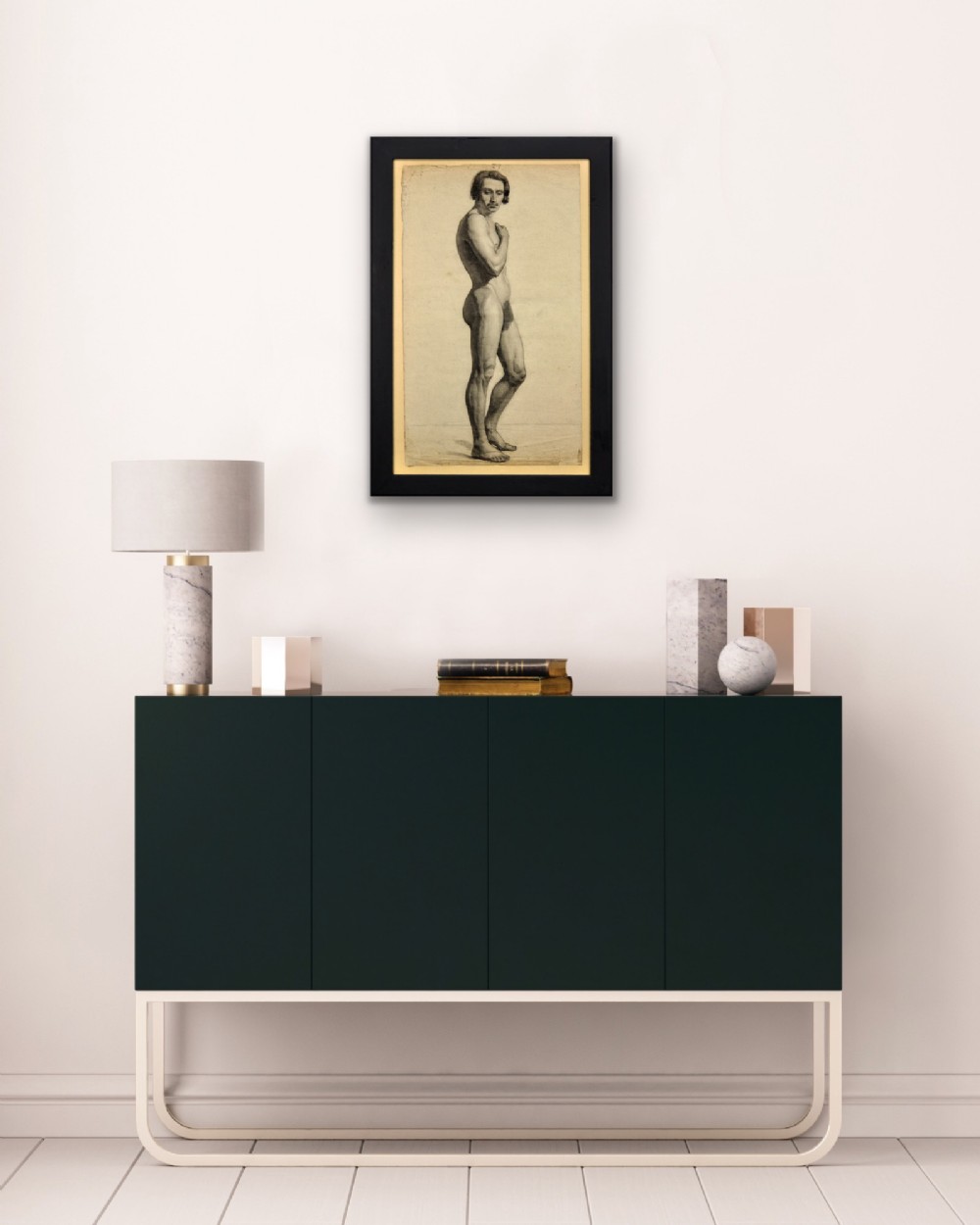 A framed mid-nineteenth-century charcoal drawing on paper depicting a standing male nude figure in profile. View XIV