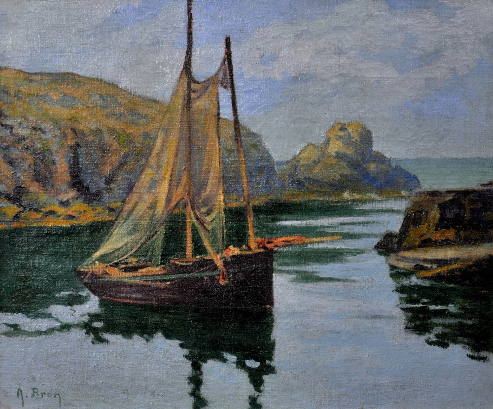 An antique framed oil painting depicting a wooden sailboat anchored in a rocky coastal inlet with reflections on the water surface. View II