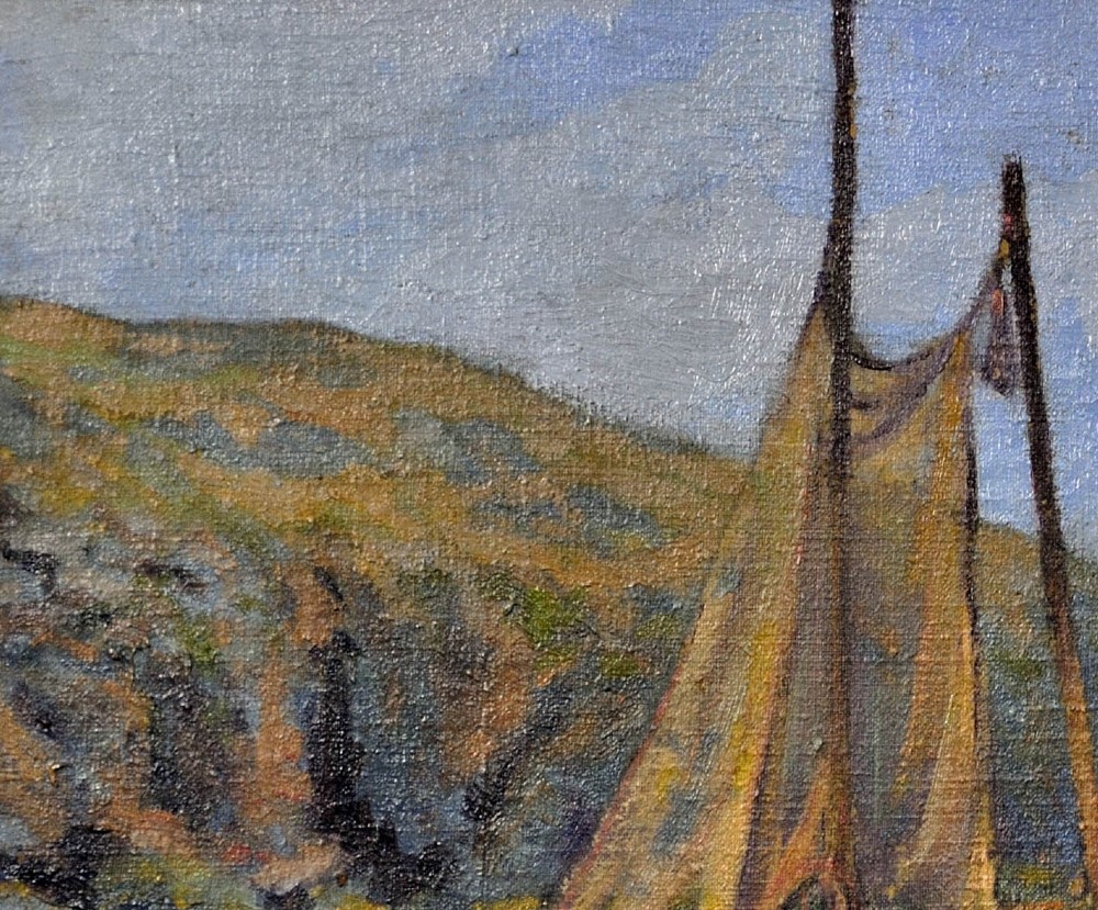 An antique framed oil painting depicting a wooden sailboat anchored in a rocky coastal inlet with reflections on the water surface. View VI