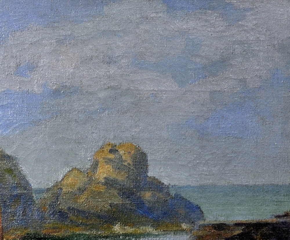 An antique framed oil painting depicting a wooden sailboat anchored in a rocky coastal inlet with reflections on the water surface. View VII