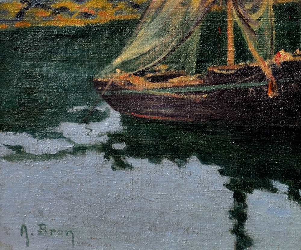 An antique framed oil painting depicting a wooden sailboat anchored in a rocky coastal inlet with reflections on the water surface. View VIII