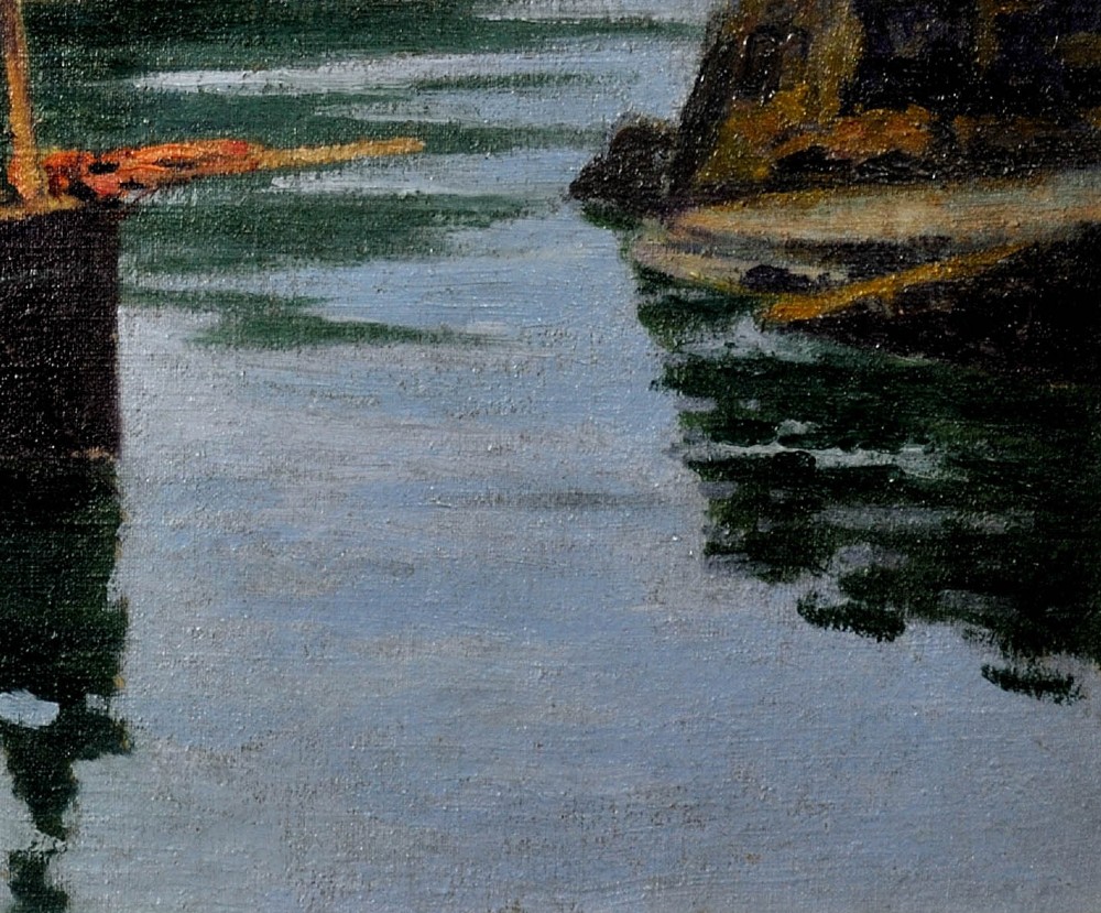 An antique framed oil painting depicting a wooden sailboat anchored in a rocky coastal inlet with reflections on the water surface. View IX