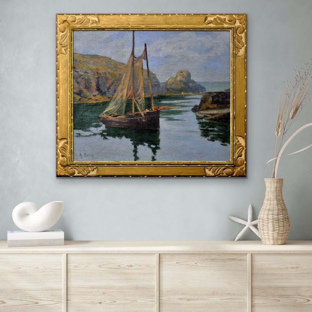 An antique framed oil painting depicting a wooden sailboat anchored in a rocky coastal inlet with reflections on the water surface. View X