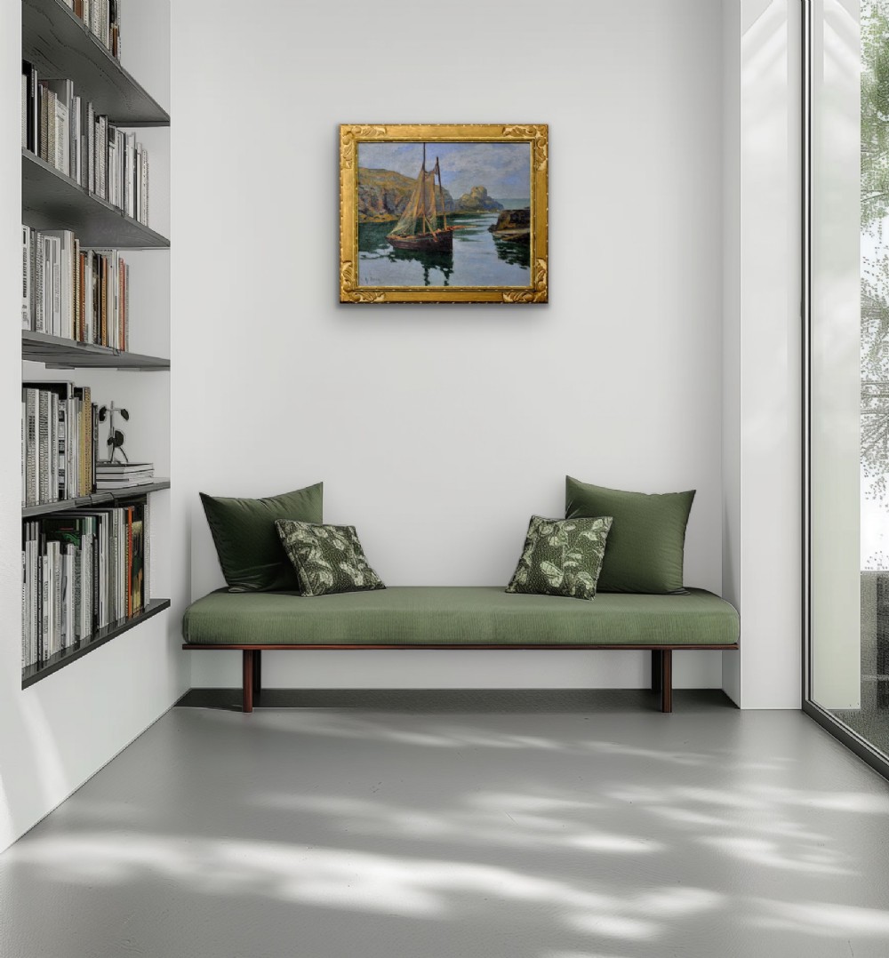 An antique framed oil painting depicting a wooden sailboat anchored in a rocky coastal inlet with reflections on the water surface. View XII