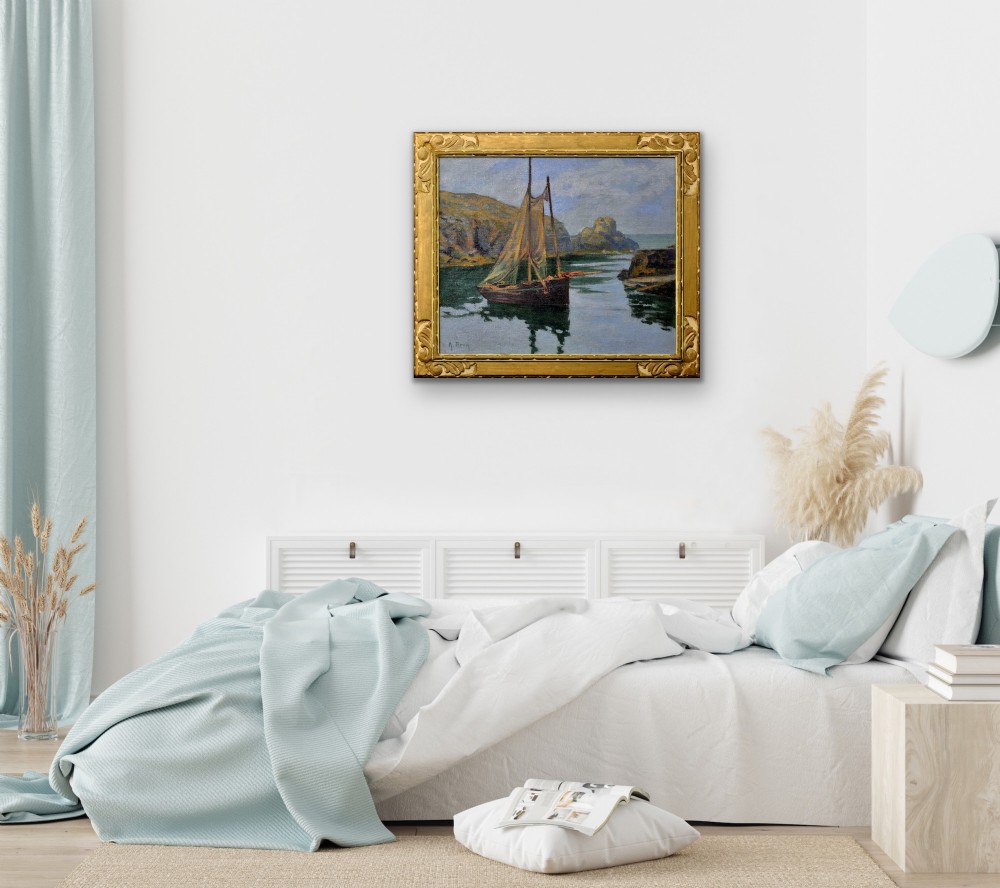 An antique framed oil painting depicting a wooden sailboat anchored in a rocky coastal inlet with reflections on the water surface. View XIII