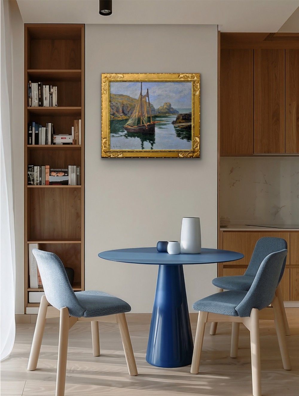 An antique framed oil painting depicting a wooden sailboat anchored in a rocky coastal inlet with reflections on the water surface. View XIV