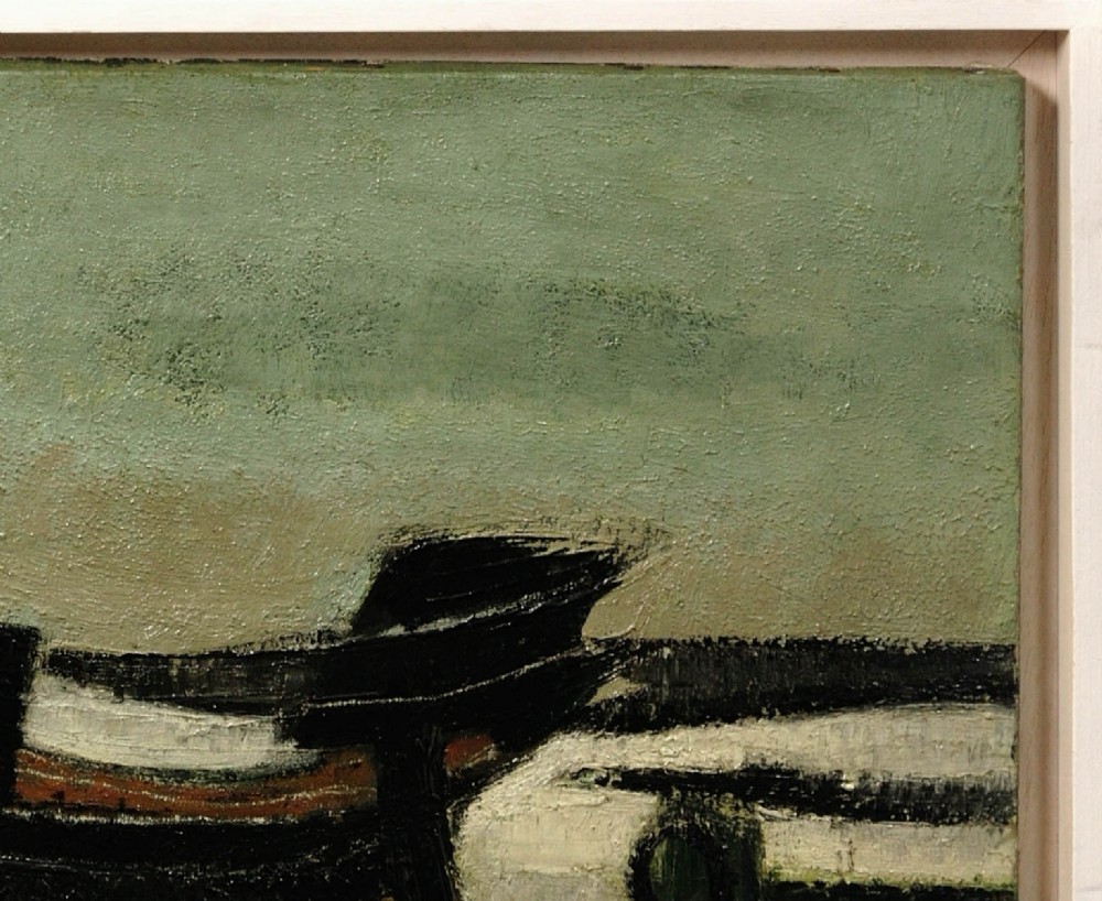 Framed mid-century oil painting depicting stranded wooden fishing boats resting on a beach shore rendered in muted green, ochre, and black tones. View V