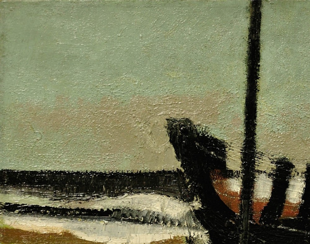 Framed mid-century oil painting depicting stranded wooden fishing boats resting on a beach shore rendered in muted green, ochre, and black tones. View VI