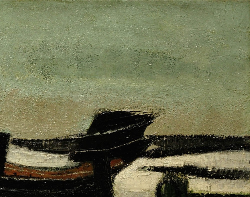 Framed mid-century oil painting depicting stranded wooden fishing boats resting on a beach shore rendered in muted green, ochre, and black tones. View VII