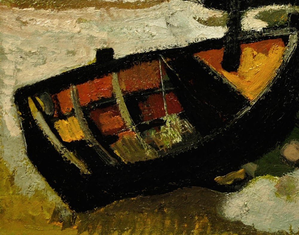 Framed mid-century oil painting depicting stranded wooden fishing boats resting on a beach shore rendered in muted green, ochre, and black tones. View VIII