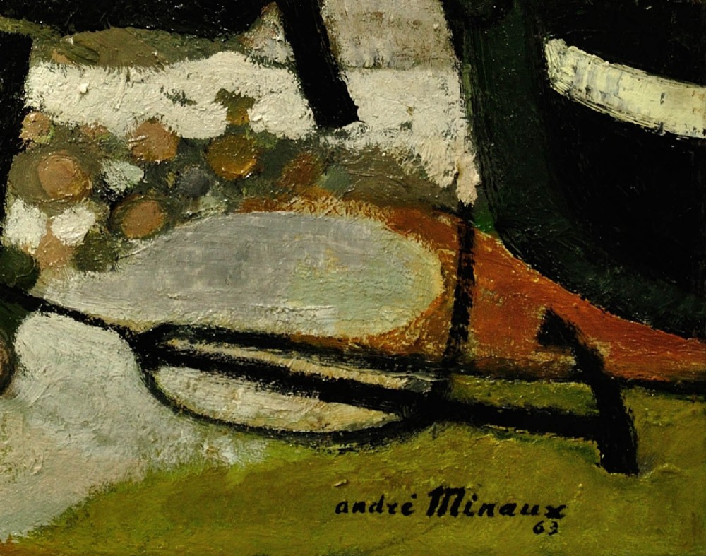 Framed mid-century oil painting depicting stranded wooden fishing boats resting on a beach shore rendered in muted green, ochre, and black tones. View IX