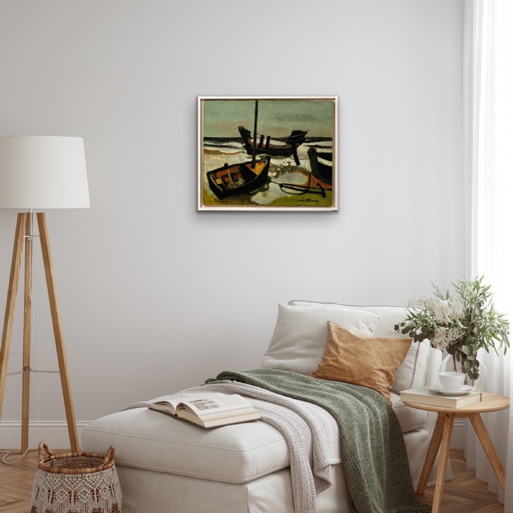 Framed mid-century oil painting depicting stranded wooden fishing boats resting on a beach shore rendered in muted green, ochre, and black tones. View X
