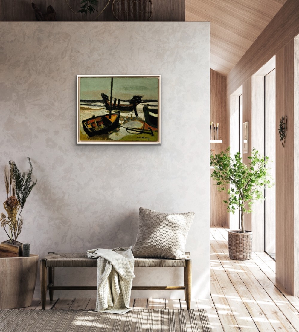 Framed mid-century oil painting depicting stranded wooden fishing boats resting on a beach shore rendered in muted green, ochre, and black tones. View XI