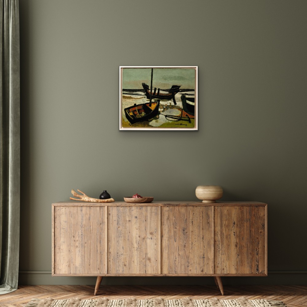 Framed mid-century oil painting depicting stranded wooden fishing boats resting on a beach shore rendered in muted green, ochre, and black tones. View XII
