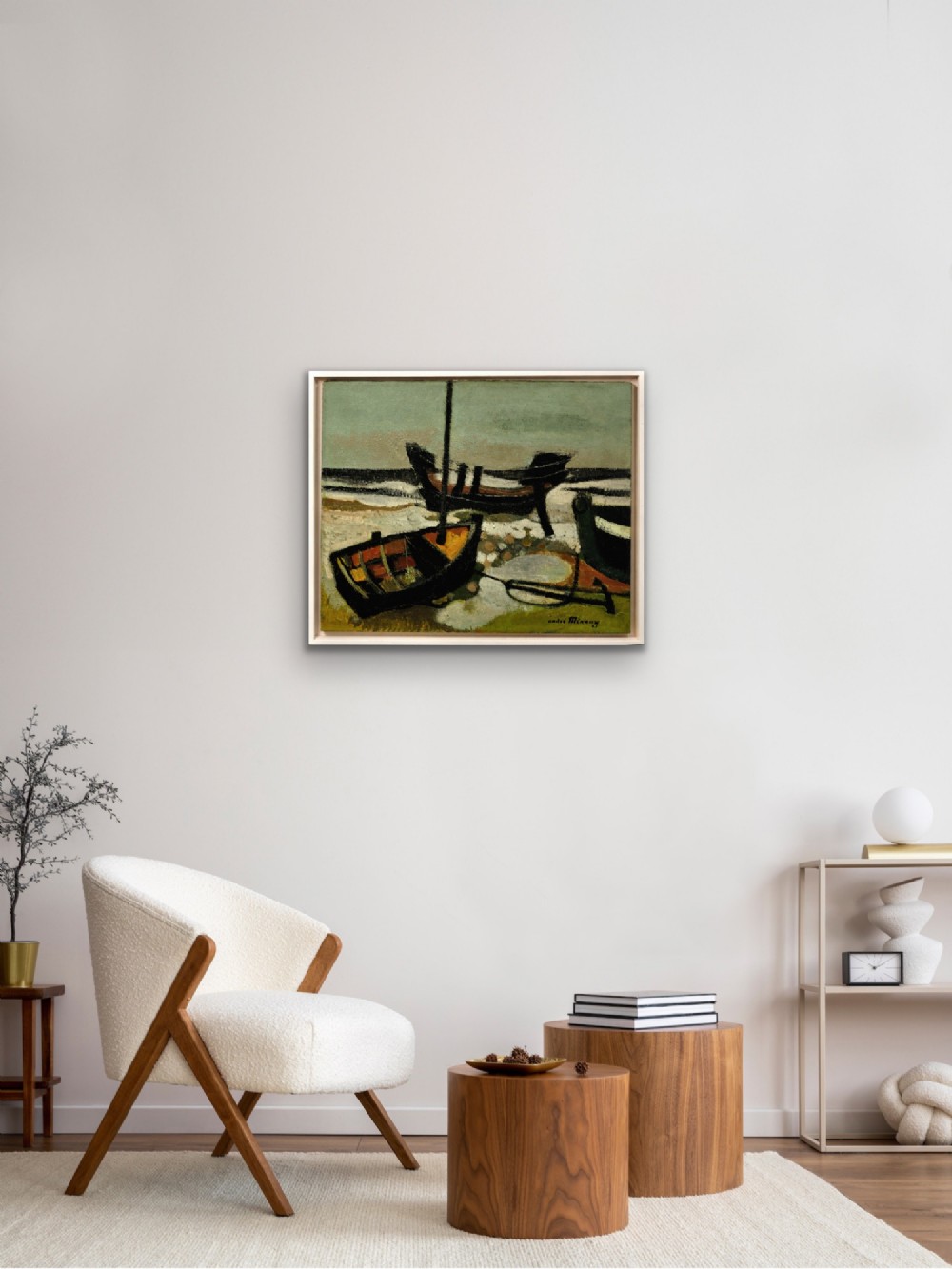 Framed mid-century oil painting depicting stranded wooden fishing boats resting on a beach shore rendered in muted green, ochre, and black tones. View XIII