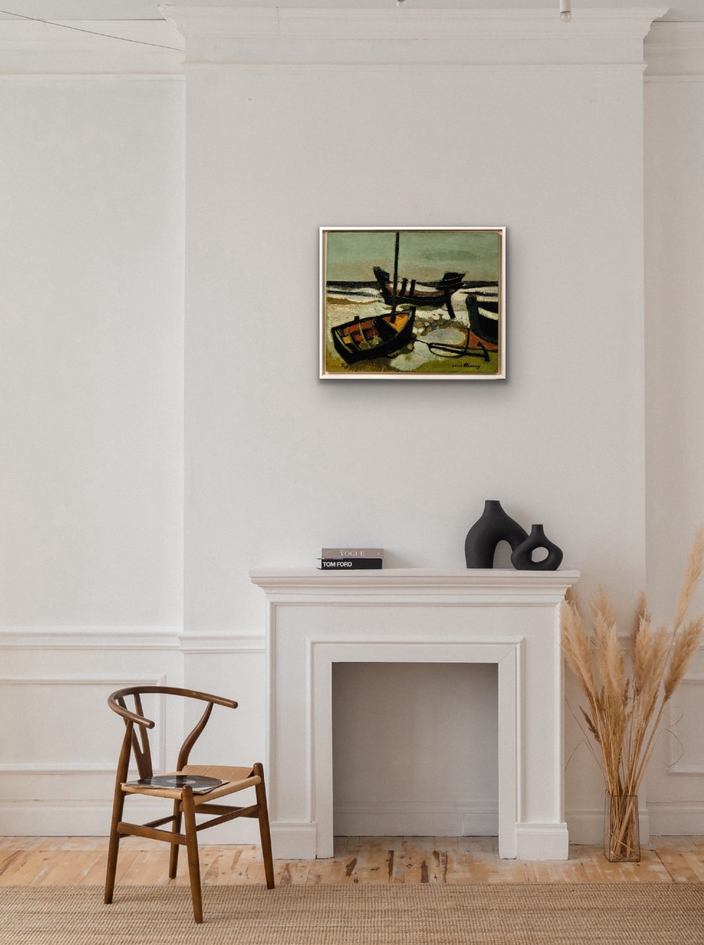 Framed mid-century oil painting depicting stranded wooden fishing boats resting on a beach shore rendered in muted green, ochre, and black tones. View XIV