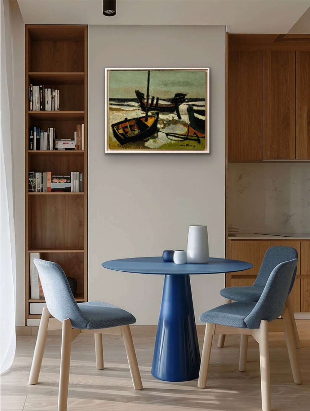 Framed mid-century oil painting depicting stranded wooden fishing boats resting on a beach shore rendered in muted green, ochre, and black tones. View XV
