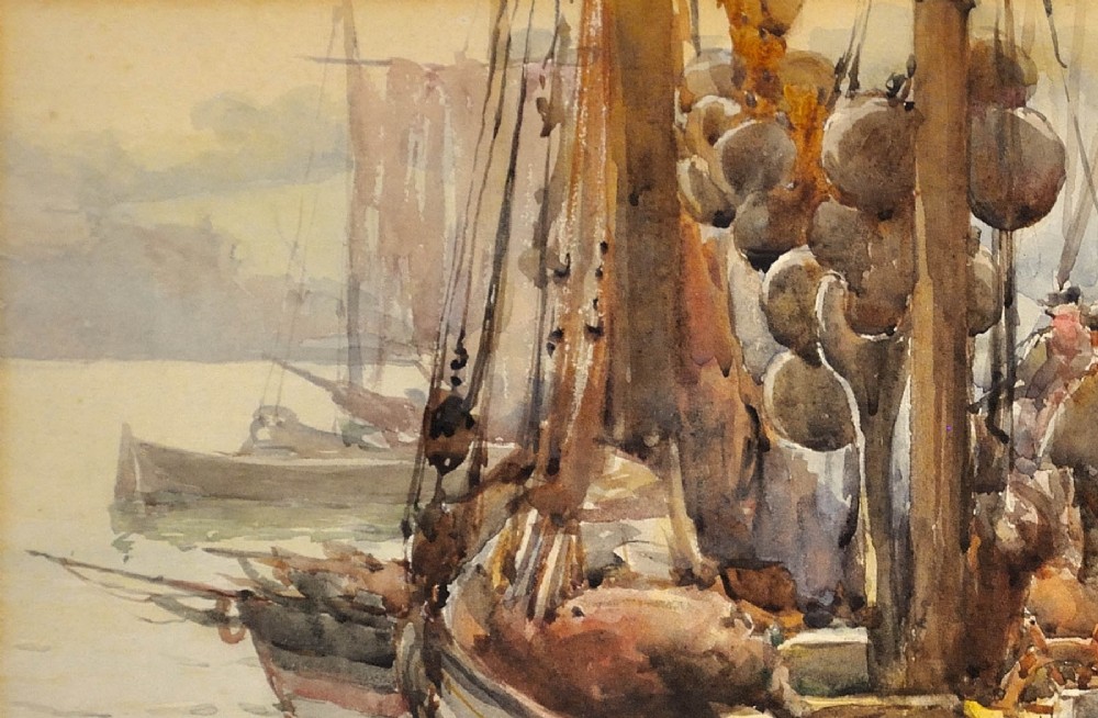 A framed 1893 watercolour painting depicting a Moray Firth Zulu fishing boat docked alongside a busy harbour wall while fishermen unload the herring catch. View VI