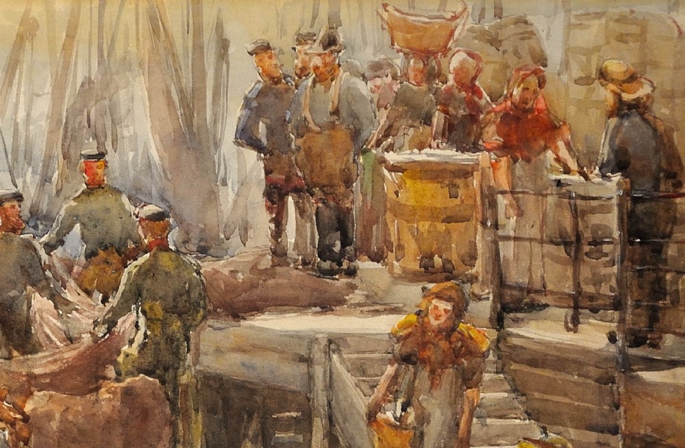 A framed 1893 watercolour painting depicting a Moray Firth Zulu fishing boat docked alongside a busy harbour wall while fishermen unload the herring catch. View VII