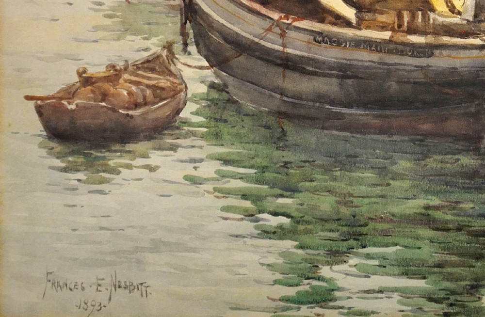 A framed 1893 watercolour painting depicting a Moray Firth Zulu fishing boat docked alongside a busy harbour wall while fishermen unload the herring catch. View VIII