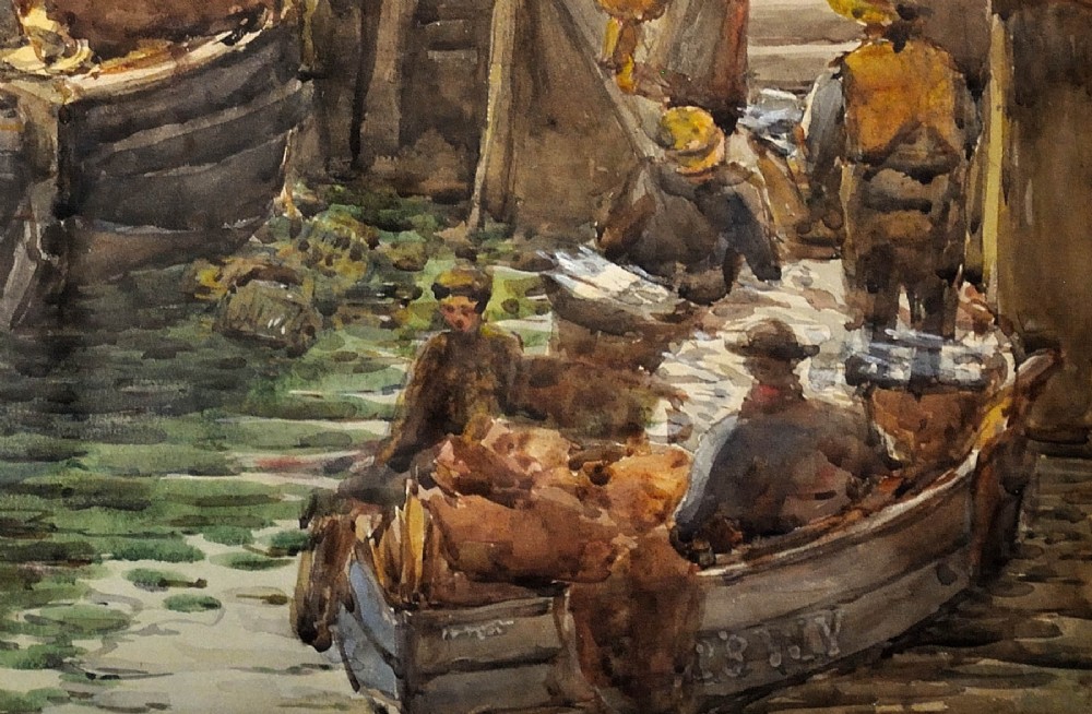 A framed 1893 watercolour painting depicting a Moray Firth Zulu fishing boat docked alongside a busy harbour wall while fishermen unload the herring catch. View IX