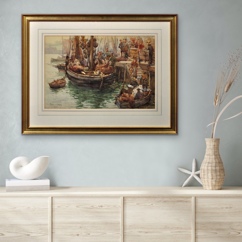 A framed 1893 watercolour painting depicting a Moray Firth Zulu fishing boat docked alongside a busy harbour wall while fishermen unload the herring catch. View X