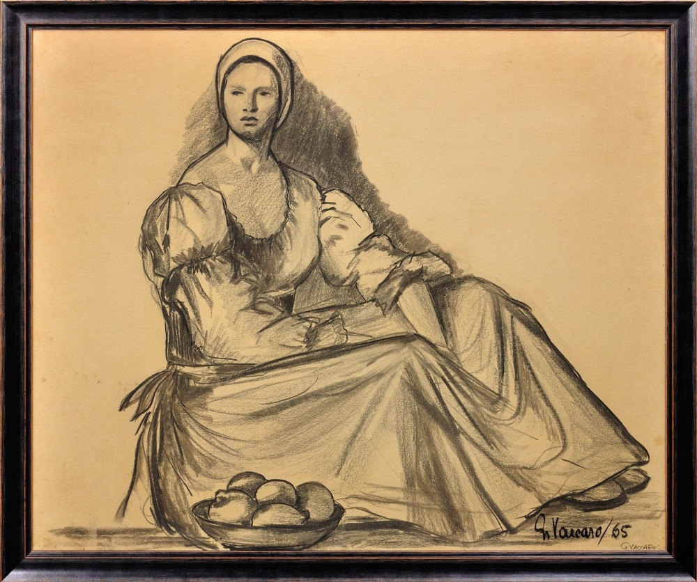 A framed monochrome charcoal drawing on cream paper depicting a seated woman in classical attire alongside a bowl of fruit.