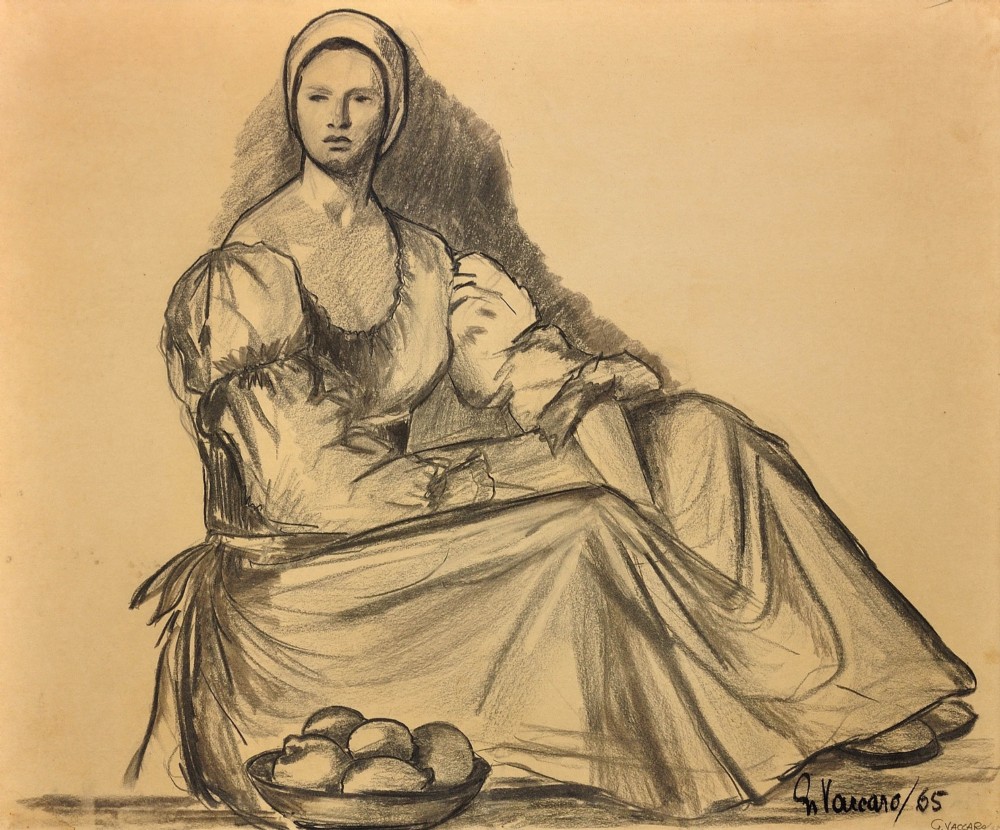 A framed monochrome charcoal drawing on cream paper depicting a seated woman in classical attire alongside a bowl of fruit. View II
