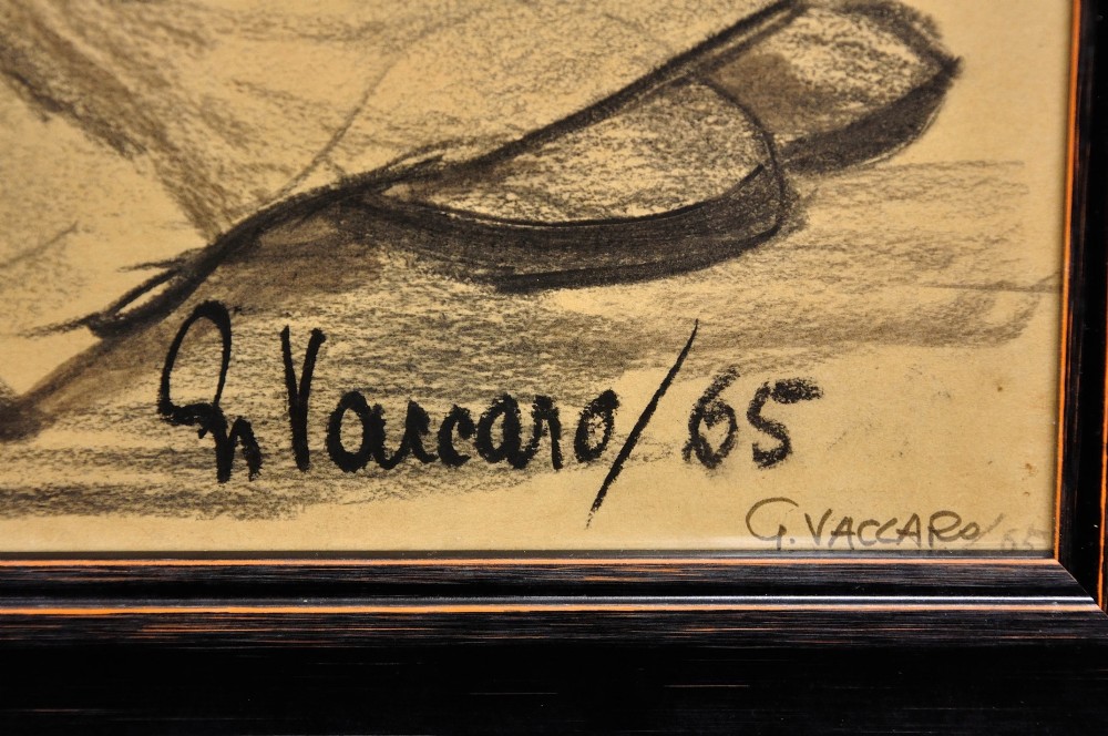 A framed monochrome charcoal drawing on cream paper depicting a seated woman in classical attire alongside a bowl of fruit. View III