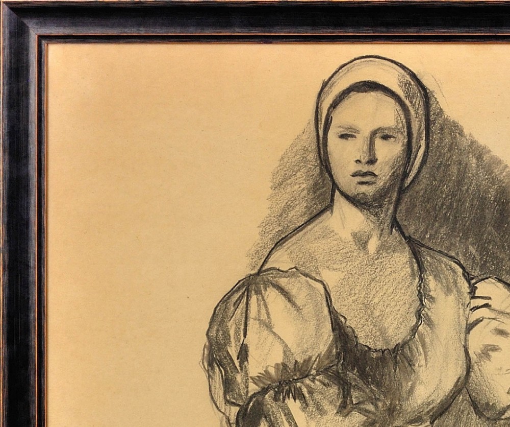 A framed monochrome charcoal drawing on cream paper depicting a seated woman in classical attire alongside a bowl of fruit. View VI