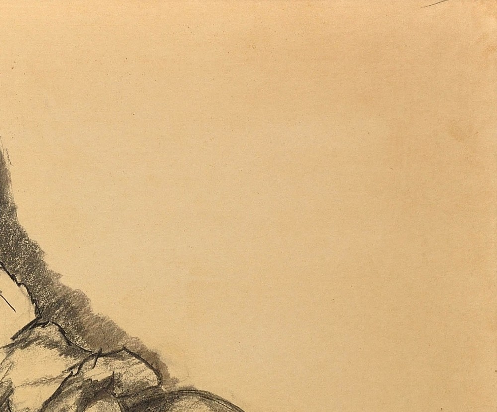 A framed monochrome charcoal drawing on cream paper depicting a seated woman in classical attire alongside a bowl of fruit. View VIII