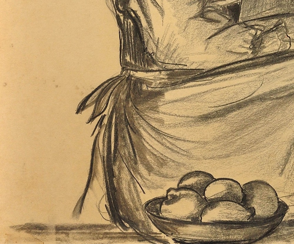 A framed monochrome charcoal drawing on cream paper depicting a seated woman in classical attire alongside a bowl of fruit. View IX