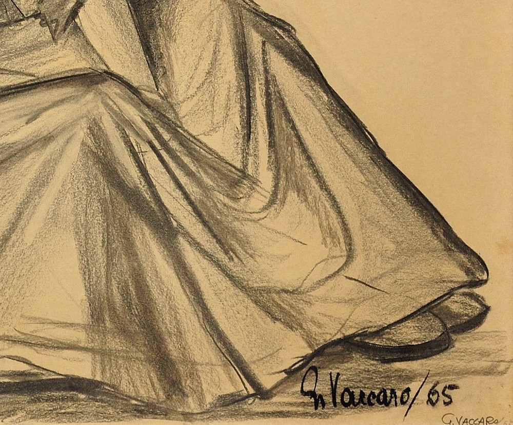 A framed monochrome charcoal drawing on cream paper depicting a seated woman in classical attire alongside a bowl of fruit. View X