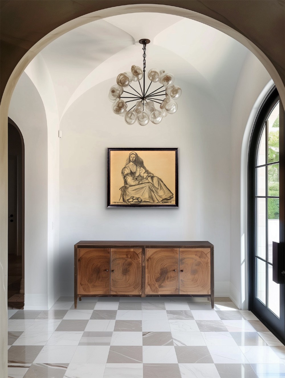 A framed monochrome charcoal drawing on cream paper depicting a seated woman in classical attire alongside a bowl of fruit. View XI