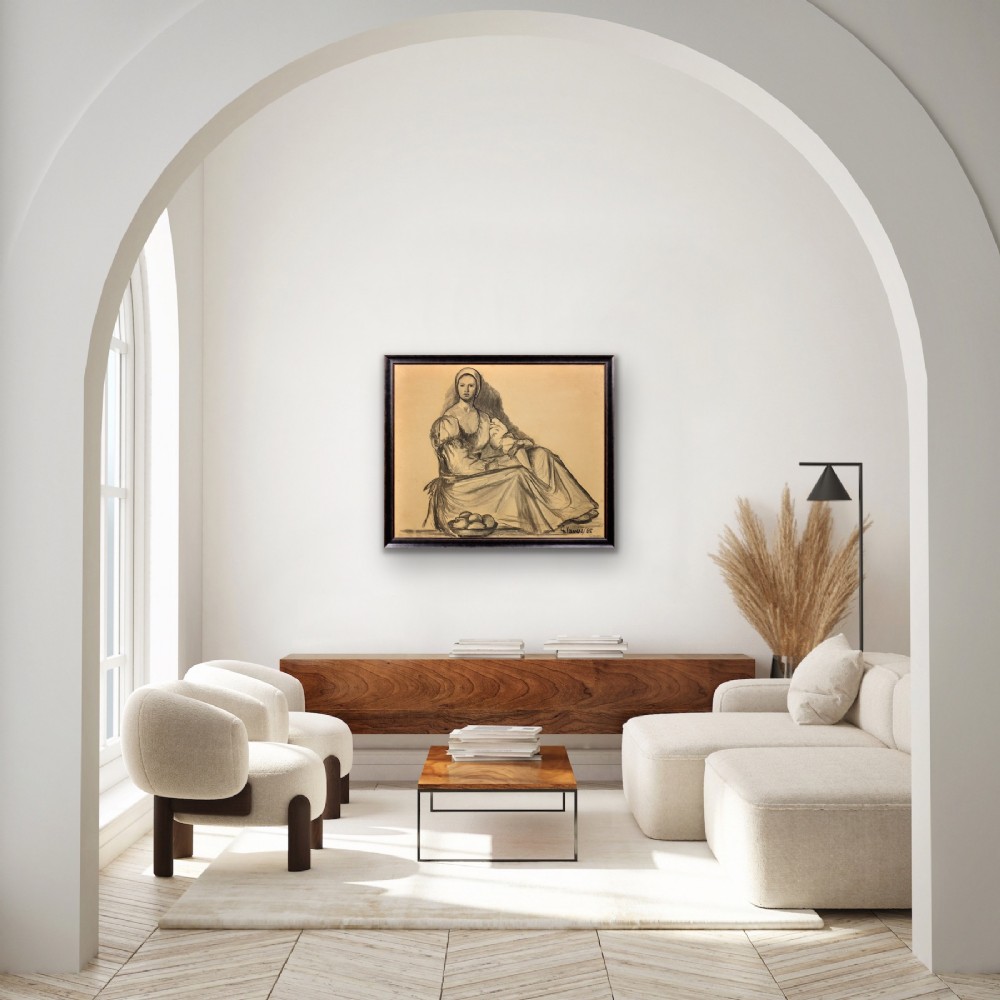 A framed monochrome charcoal drawing on cream paper depicting a seated woman in classical attire alongside a bowl of fruit. View XIII