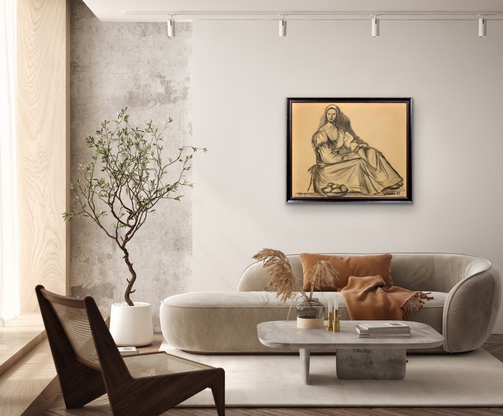A framed monochrome charcoal drawing on cream paper depicting a seated woman in classical attire alongside a bowl of fruit. View XIV