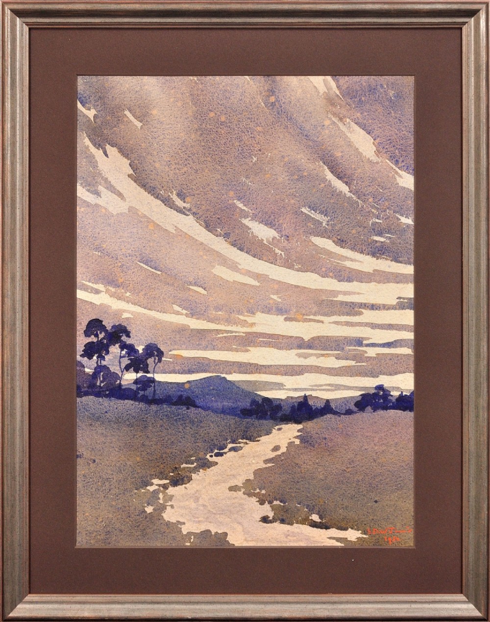 A framed 1932 Art Deco watercolour painting depicting a winding stream through a landscape in shades of muted purple and buff.