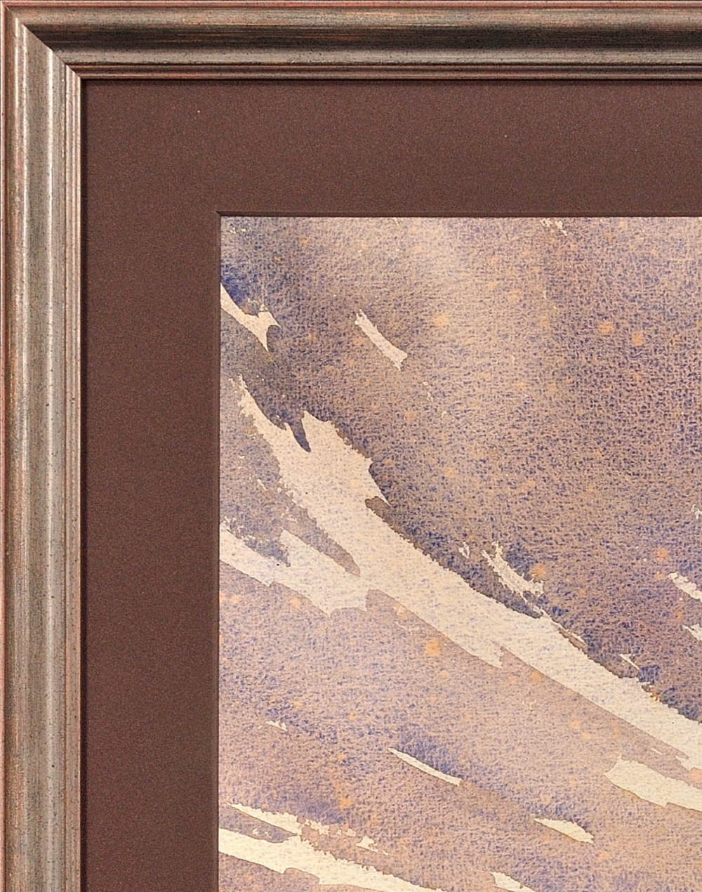 A framed 1932 Art Deco watercolour painting depicting a winding stream through a landscape in shades of muted purple and buff. View V