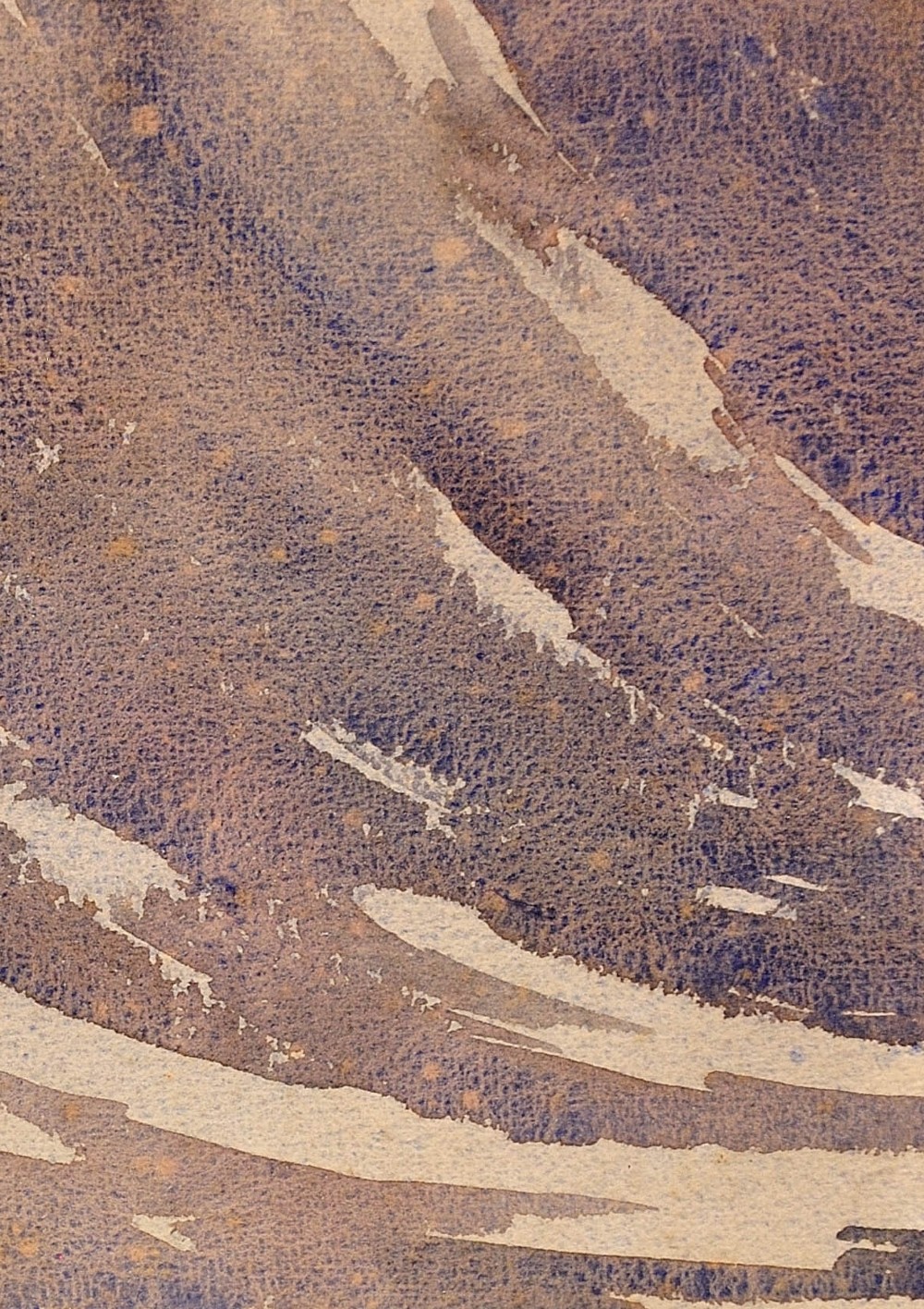 A framed 1932 Art Deco watercolour painting depicting a winding stream through a landscape in shades of muted purple and buff. View VII