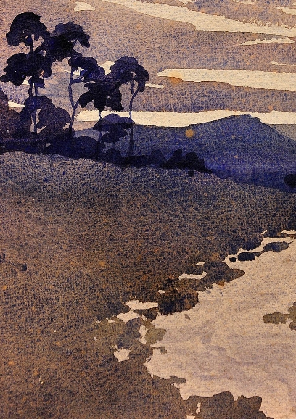 A framed 1932 Art Deco watercolour painting depicting a winding stream through a landscape in shades of muted purple and buff. View VIII