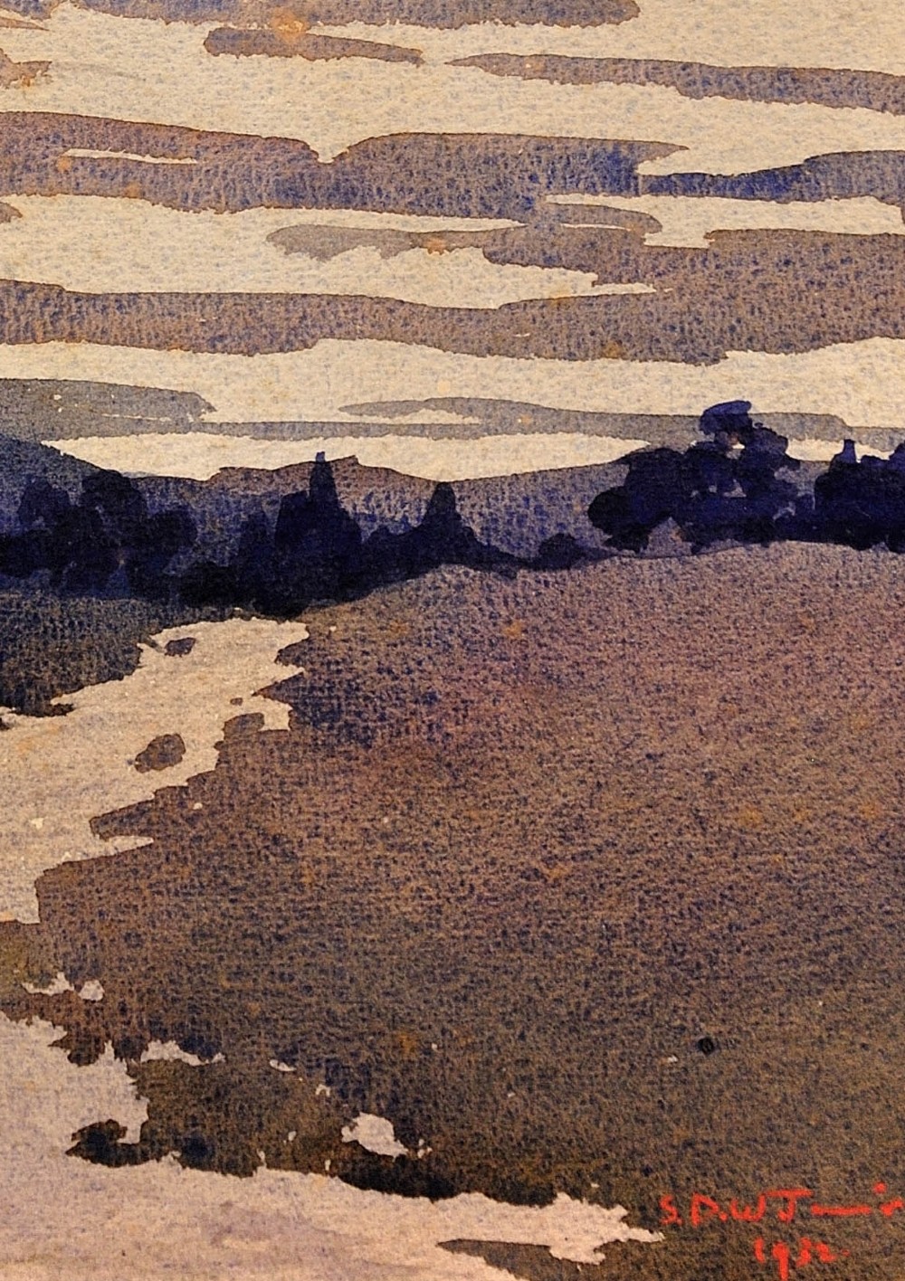 A framed 1932 Art Deco watercolour painting depicting a winding stream through a landscape in shades of muted purple and buff. View IX