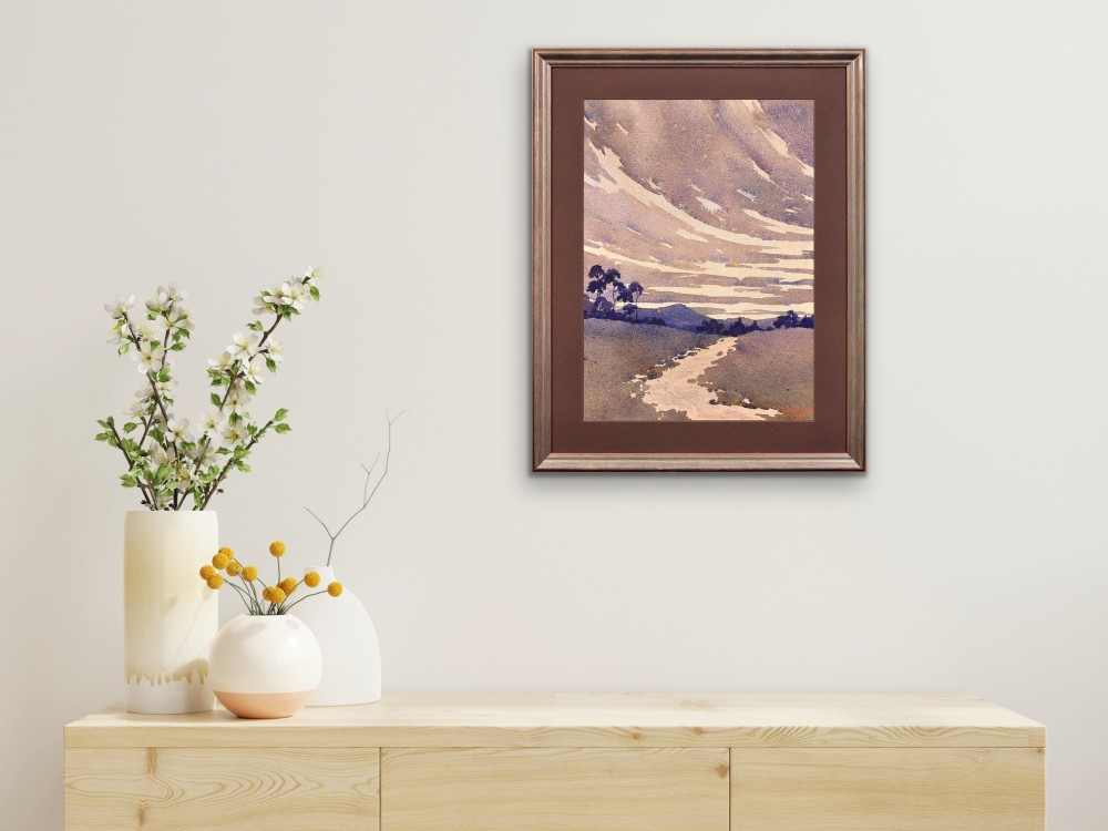 A framed 1932 Art Deco watercolour painting depicting a winding stream through a landscape in shades of muted purple and buff. View XI