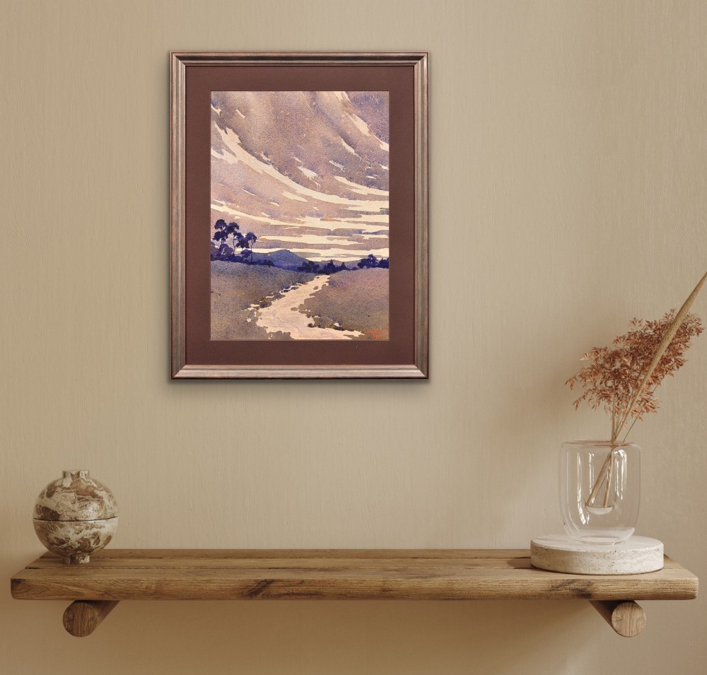A framed 1932 Art Deco watercolour painting depicting a winding stream through a landscape in shades of muted purple and buff. View XIII